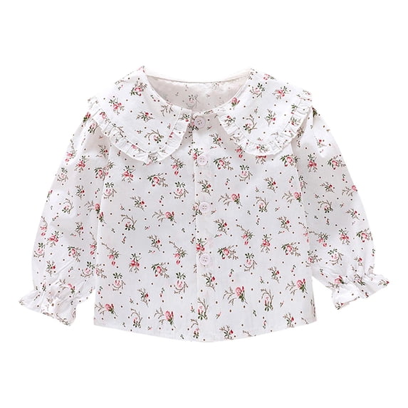 Zpanxa Toddler Girls All Over Strawberry Print Ruffled Peter Pan Collar Blouse Button Front Flounce Cuff Long Sleeve Woven Casual Tops