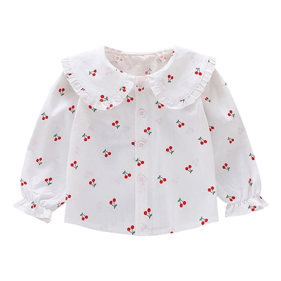 Zpanxa Toddler Girls All Over Strawberry Print Ruffled Peter Pan Collar Blouse Button Front Flounce Cuff Long Sleeve Woven Casual Tops