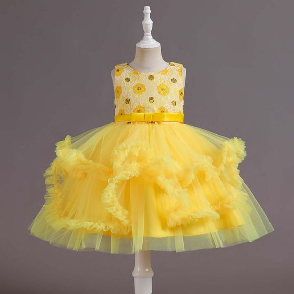 Zpanxa Toddler Girls Princess Dress, Little Girls Party Wedding Dress, Bow Tie Lace Flowers Mesh Tufted Dress, Kids Pageant Flower Girl Sleeveless Dress, Birthday Gifts for Girls Yellow (6-7 Years)