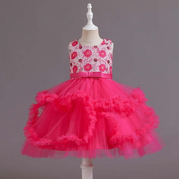 Zpanxa Toddler Girls Princess Dress, Little Girls Party Wedding Dress, Bow Tie Lace Flowers Mesh Tufted Dress, Kids Pageant Flower Girl Sleeveless Dress, Birthday Gifts for Girls Hot Pink (6-7 Years)