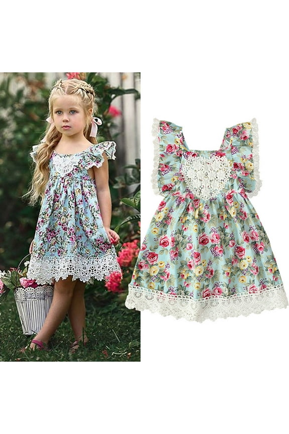 Toddler Girls Princess Dress, Little Girls Party Wedding Dress, Flying Sleeves Flowers Pattern Lace Hollow Out Backless Dress, Kids Pageant Flower Girl Sleeveless Dress Green (4-5 Years)
