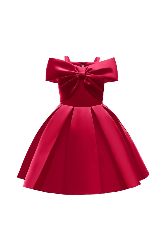 Toddler Girls Princess Dress, Little Girls Party Wedding Dress, Lace Bowknot Off Shoulder Pleated Dress, Kids Pageant Flower Girl Sleeveless Dress, Birthday Gifts for Girls Red (9-10 Years)