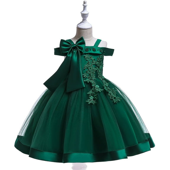 Zpanxa Toddler Girls Princess Dress, Little Girls Party Wedding Dress, Lace Bowknot Off Shoulder Pleated Dress, Kids Pageant Flower Girl Sleeveless Dress, Birthday Gifts for Girls Green (7-8 Years)