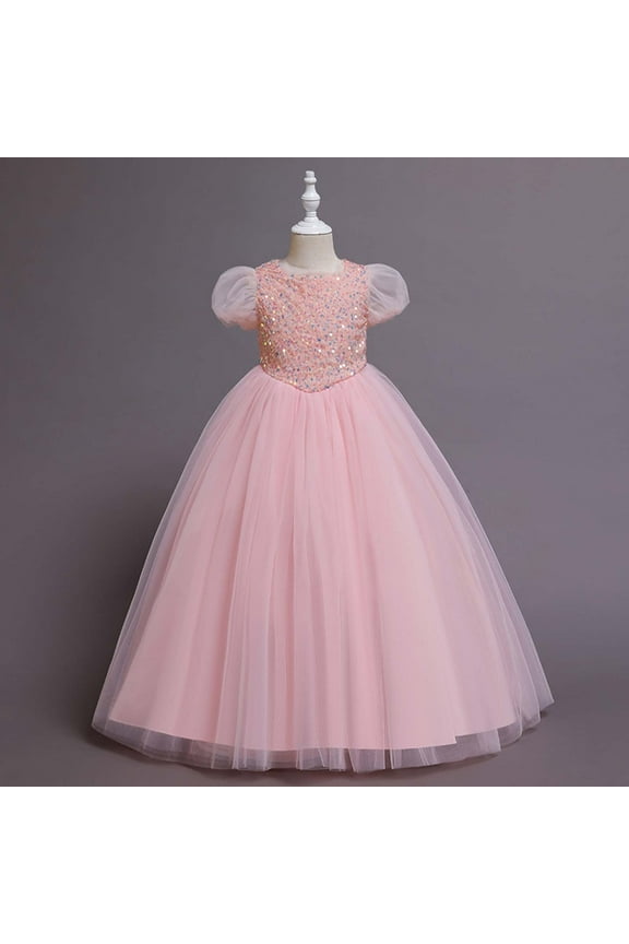 Toddler Girls Princess Dress, Little Girls Party Wedding Formal Dresses, Evening Puff Sleeve Sequin Dress, Kids Pageant Flower Girl Dress, Birthday Gifts for Girls Pink (5-6 Years)