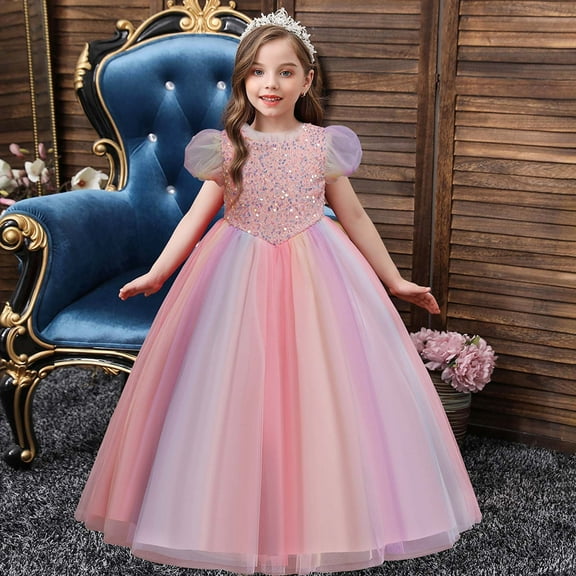 Zpanxa Toddler Girls Princess Dress, Little Girls Party Wedding Formal Dresses, Evening Puff Sleeve Sequin Dress, Kids Pageant Flower Girl Dress, Birthday Gifts for Girls Multicolor (4-5 Years)