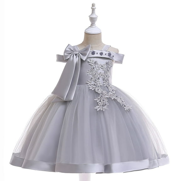 Zpanxa Toddler Girls Princess Dress, Little Girls Party Wedding Dress, Lace Bowknot Off Shoulder Pleated Dress, Kids Pageant Flower Girl Sleeveless Dress, Birthday Gifts for Girls Gray (7-8 Years)