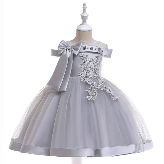 Zpanxa Toddler Girls Princess Dress, Little Girls Party Wedding Dress, Lace Bowknot Off Shoulder Pleated Dress, Kids Pageant Flower Girl Sleeveless Dress, Birthday Gifts for Girls Gray (9-10 Years)