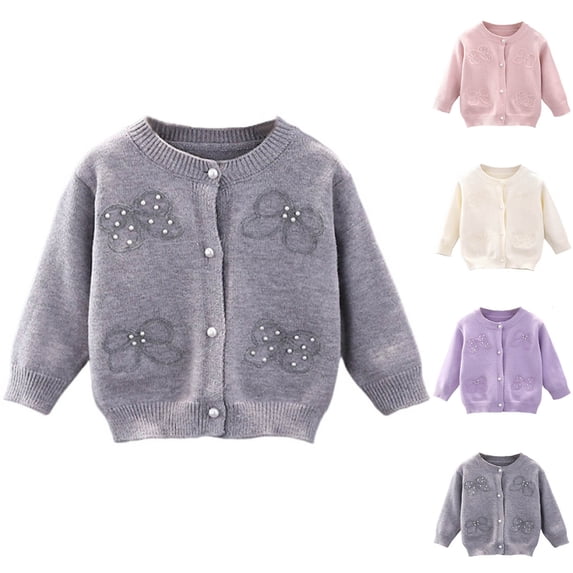 Zpanxa Toddler Girls Round Neck Pearl Bow Button Front Knit Cardigan Long Sleeve Soft Lightweight Sweater Coat Lightweight Sweaters for Girl