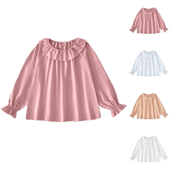 Zpanxa Toddler Girls Ruffled Peter Pan Collar Long Sleeve Blouse Elastic Smocked Flounce Cuff Loose Swing Casual Layering Tops