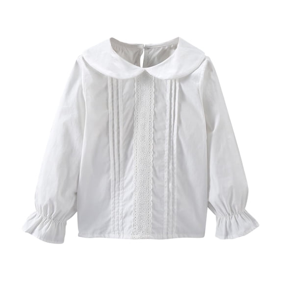 Zpanxa Toddler Girls White Eyelet Lace Ruffled Lapel Collar Blouse Vertical Textured Woven Flounce Cuff Button Down Long Sleeve Casual Dress Shirts