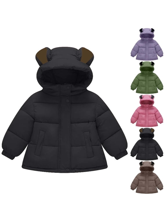 Toddler Thick Winter Coat Baby Insulated Hooded Jacket Small Medium Size Solid Color Windproof Warm Outerwear Easy Zipper for 1-3 Years
