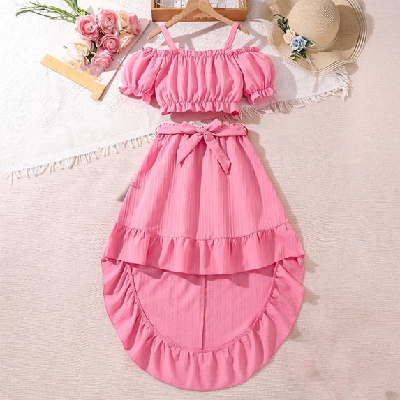 Zpanxa Tween Girl Summer Clothes 2 Piece Set Short Sleeve Crewneck Tops with Flowy Midi Skirt and Belt Solid Color Soft Comfortable Casual Matching Outfits for Girls Ages 8-13 Years