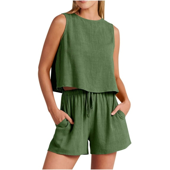 Zpanxa Two Piece Sets for Women, Summer Linen Fashion Dressy Round Neck Solid Color Sleeveless Blouse and Loose Pockets Shorts Sets, Business Casual Outfits for Women Vacation Travel Army Green S