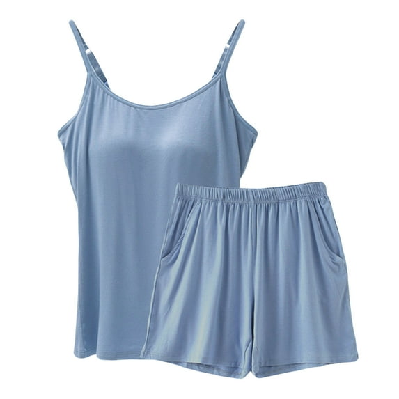 Zpanxa Two Piece Sets for Women Summer Outfits Lounge Sets, Thin Casual Loose Suspender Tops and Shorts with Pockets, Women's Pajama Sets, Solid Color Comfy Homewear Clothes Light Blue A XXL