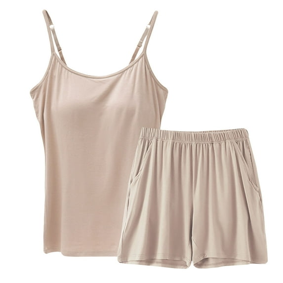 Zpanxa Two Piece Sets for Women Summer Outfits Lounge Sets, Thin Casual Loose Suspender Tops and Shorts with Pockets, Women's Pajama Sets, Solid Color Comfy Homewear Clothes Khaki A XXL