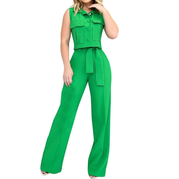 Zpanxa Two Piece Sets for Women Summer Outfits, Solid Color Sleeveless Turndown Collar Button Pocket Crop Tops Solid Color Elastic Waist Wide Leg Pants Sets, Lounge Sets for Women Green XL