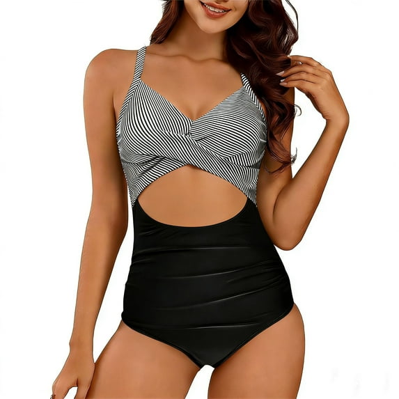 Zpanxa Two Piece Swimsuit Set for Women Striped Tankini Top Strappy Back Adjustable