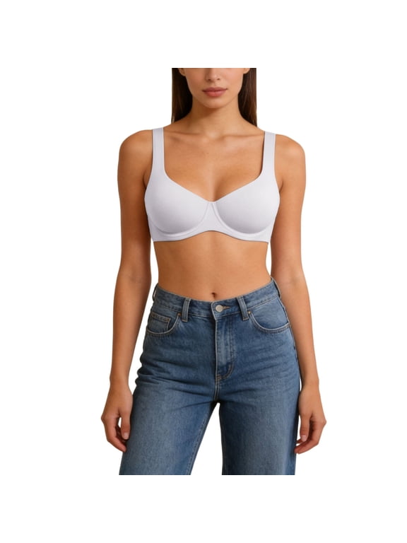 Underwire Bras for Women Full Coverage Push-up Seamless Side Smoother Wide Straps Comfortable Everyday Bra White 34DD