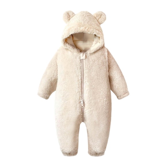 Zpanxa Unisex Newborn Onesies Fleece Zip Bear Ear Hooded Winter Romper Beige 9-12 Months