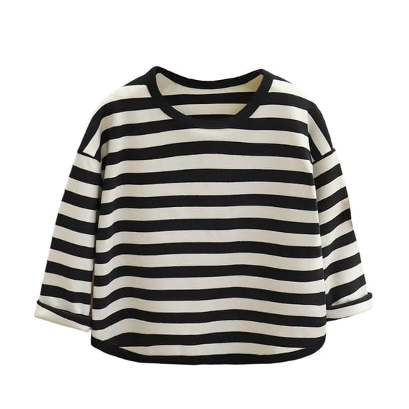 Zpanxa Unisex Toddler Kids Black White Horizontal Striped Long Sleeve T-Shirt Crew Neck Loose Fit Basic Casual Everyday Layering Tops