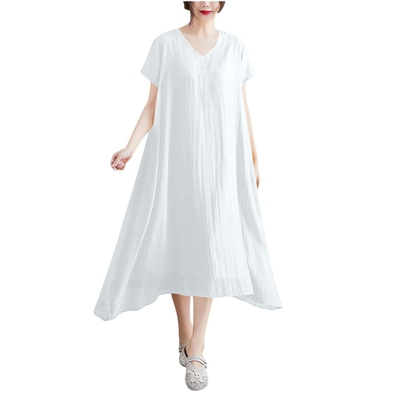 Zpanxa V-Neck Casual Dress Short Sleeve Solid Color Women's Dress Silky Soft for Work Holiday