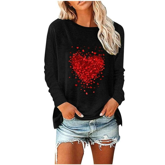 Zpanxa Valentines Shirts for Women Cute Long Sleeve Tops Fashion Crew Neck Loose T-Shirt Blouse Valentines Day Gifts Black A