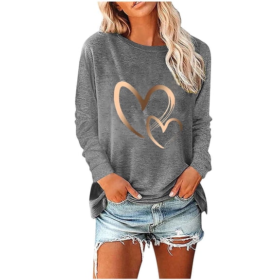 Zpanxa Valentines Shirts for Women Cute Long Sleeve Tops Fashion Crew Neck Loose T-Shirt Blouse Valentines Day Gifts Gray C
