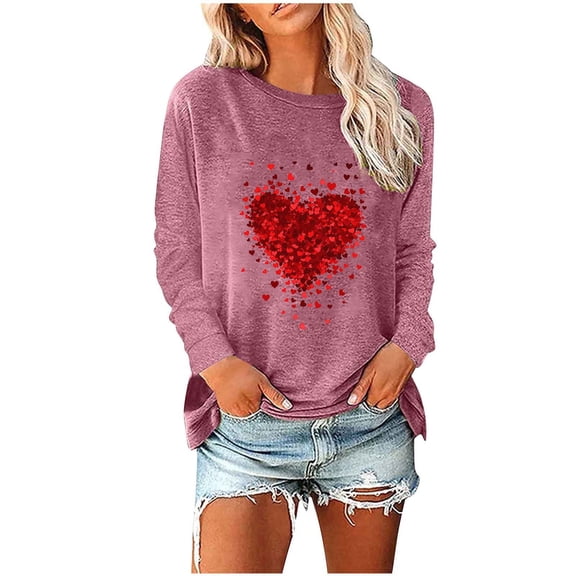 Zpanxa Valentines Shirts for Women Cute Long Sleeve Tops Fashion Crew Neck Loose T-Shirt Blouse Valentines Day Gifts Pink A