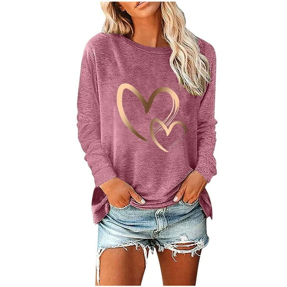 Zpanxa Valentines Shirts for Women Cute Long Sleeve Tops Fashion Crew Neck Loose T-Shirt Blouse Valentines Day Gifts Pink C