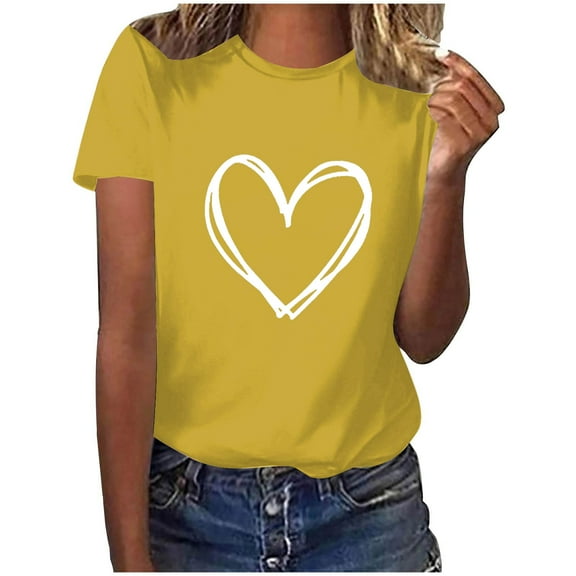 Zpanxa Valentines Shirts for Women Fashion Crewneck Print Short Sleeve T-Shirt Casual Loose Shirt Yellow F