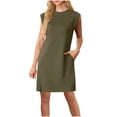 thumbnail image 1 of Zpanxa Versatile Sleeveless Day Dress Women Solid Color Round Neck Pocket Midi Dress with Slit Detail Office Casual Dress, 1 of 6