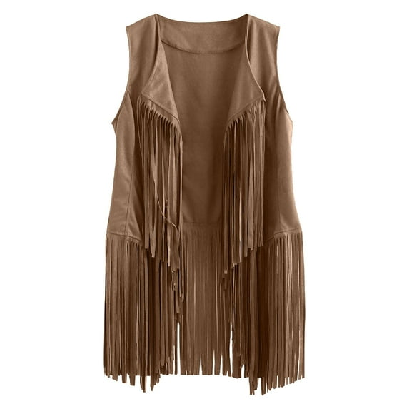 Zpanxa Vest for Women Fall Winter Faux Suede Sleeveless Lightweight Cardigan Tassels Fringed Vest Waistcoat Jacket Outwear Tops Khaki L
