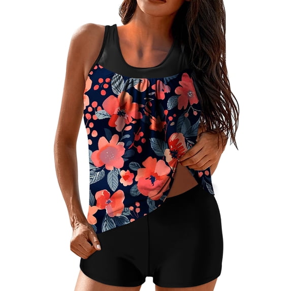 Zpanxa Vintage High Waisted Two Piece Swimsuit for Women Floral Print Modest Bathing Suit Set with Full Coverage Boyshorts Tummy Control Swimwear