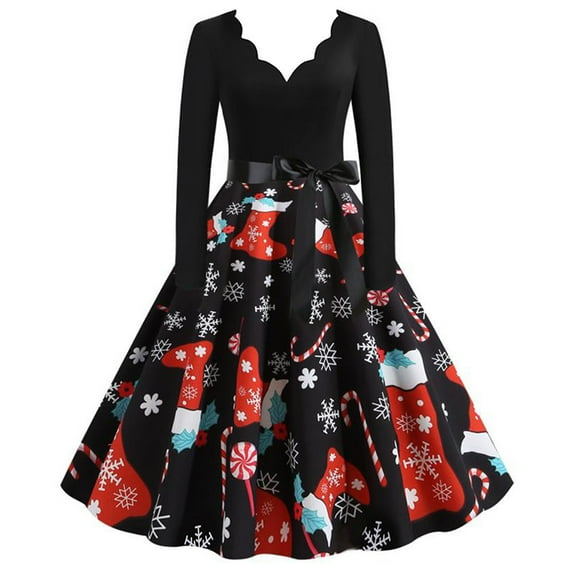 Zpanxa Vintage Tea Dress, 1950's Christmas Print V Neck Long Sleeves Retro Swing Dress, Women's Cocktail Stretchy Party Dresses Evening Christmas Dress