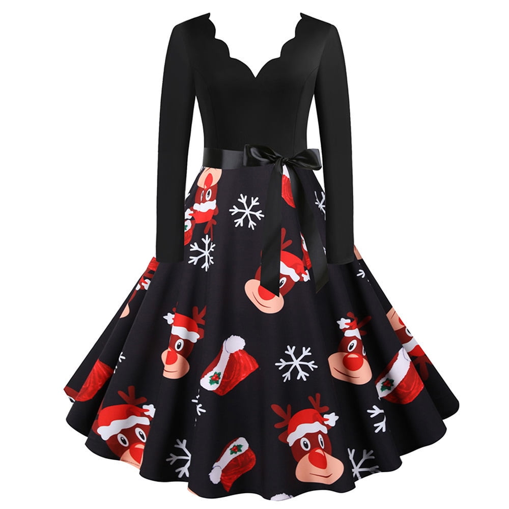 Zpanxa Vintage Tea Dress, 1950's Christmas Print V Neck Long Sleeves