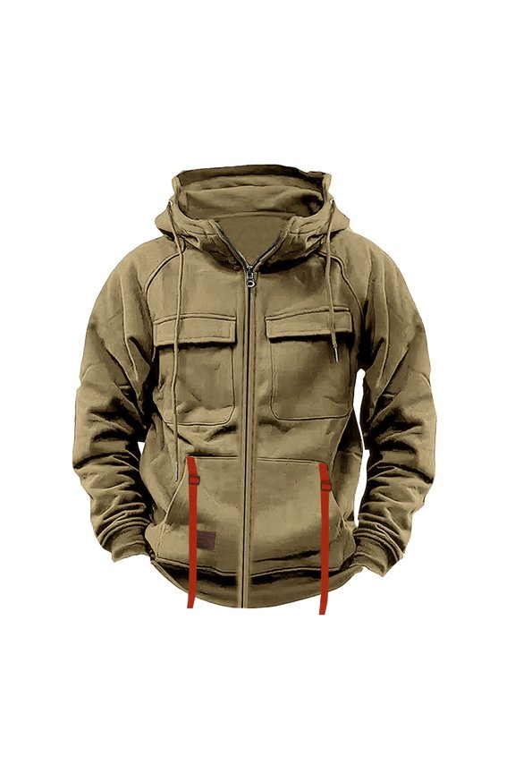 Vintage Work Jacket Retro Utility Multi-Pocket Design Durable Cotton Blend Hooded Long Sleeve Coat for Casual Workwear and Street Style Khaki S