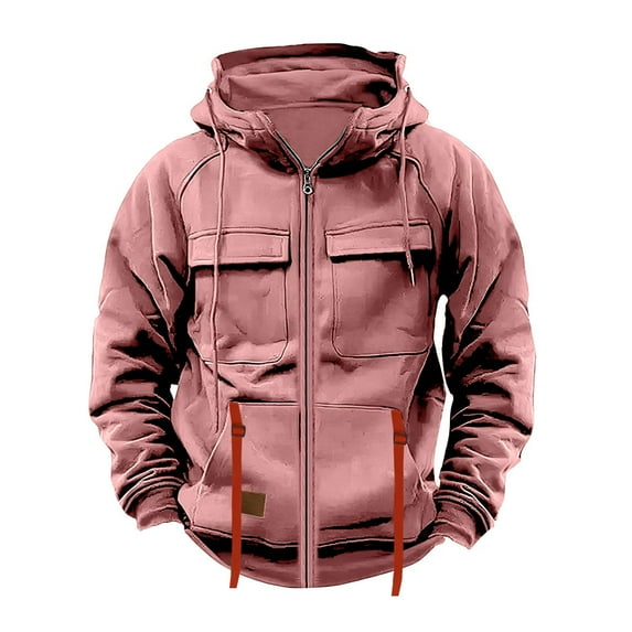 Zpanxa Vintage Work Jacket Retro Utility Multi-Pocket Design Durable Cotton Blend Hooded Long Sleeve Coat for Casual Workwear and Street Style Pink M