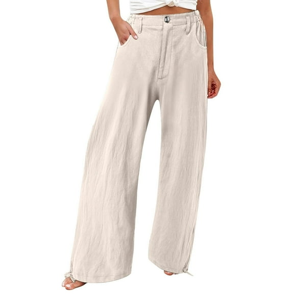 Zpanxa Wide Leg Pants for Women Casual High Waist Pants with Pockets Loose Long Palazzo Pants Straight Button Flowy Pants Beige M
