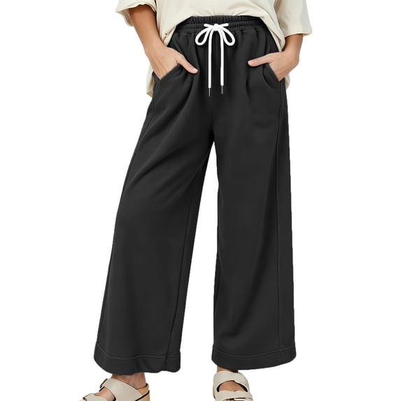 Zpanxa Wide Leg Sweatpants Women Elastic Drawstring Waist Loose Fit Solid Color Casual Lounge Athletic Trousers