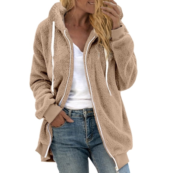 Zpanxa Winter Coats for Women Plus Size Fuzzy Fleece Jacket, Zip up Faux Fur Coat Tops, Lightweight Long Sleeve Hooded Blouse Sweatshirt Winter Clothes Khaki 3XL