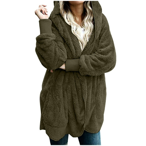 Zpanxa Winter Coats for Women Sherpa Fleece Jacket Solid Color Casual Plush Cardigan Long Sleeve Pockets Blouse Tops Faux Fur Coat Outwear Army Green L