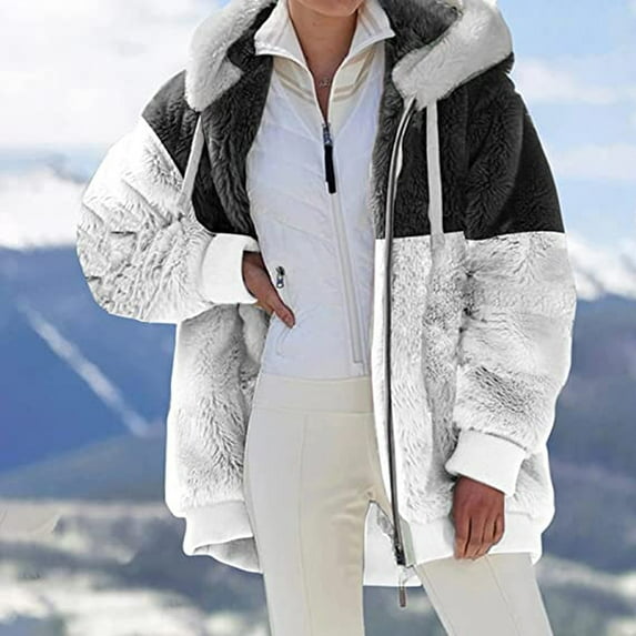 Zpanxa Winter Coats for Women Fleece Jacket Plus Size Sherpa Faux Fur Coats with Hood Fuzzy Full Zip Hooded Sweatshirt Hoodies Outwear White Black M