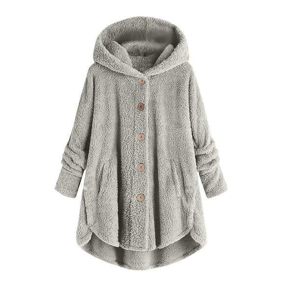 Zpanxa Winter Coats for Women Plus Size Fuzzy Fleece Jacket Button Plush Hooded Tops Loose Cardigan Wool Coat Comfy Winter Outwear Clothes Gray XXL