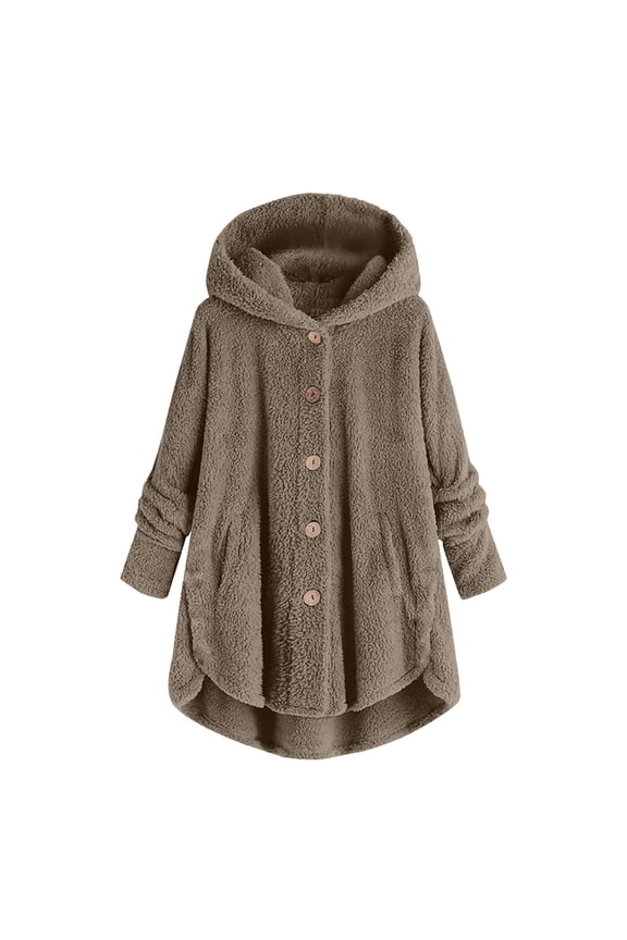 Winter Coats for Women Plus Size Fuzzy Fleece Jacket Button Plush Hooded Tops Loose Cardigan Wool Coat Comfy Winter Outwear Clothes Khaki 3XL