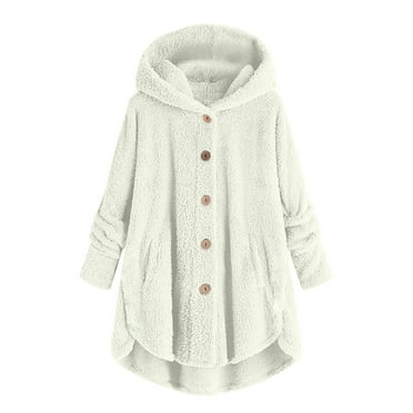 Zpanxa Winter Coats for Women Plus Size Fuzzy Fleece Jacket Button Plush Hooded Tops Loose Cardigan Wool Coat Comfy Winter Outwear Clothes White 5XL