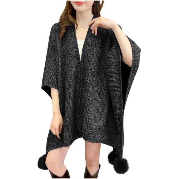 Zpanxa Winter Coats for Women Poncho Cape with Pom-pom Trim Casual Warm Wrap Black Free Size