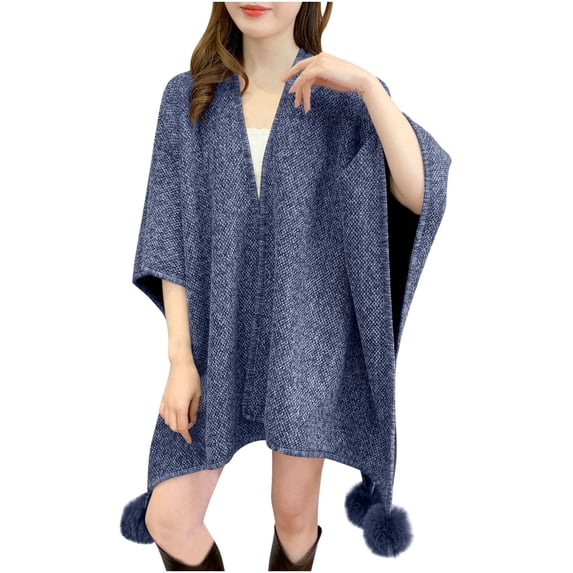 Zpanxa Winter Coats for Women Poncho Cape with Pom-pom Trim Casual Warm Wrap Navy Free Size