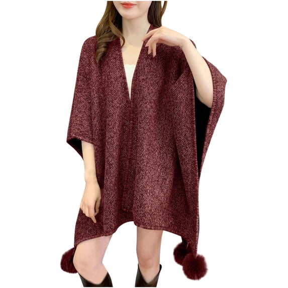 Zpanxa Winter Coats for Women Poncho Cape with Pom-pom Trim Casual Warm Wrap Wine Free Size