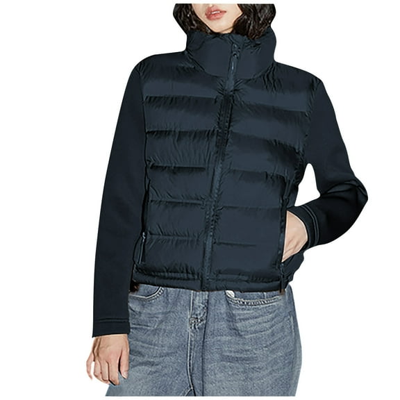 Zpanxa Winter Coats for Women Quilted Puffer Jackets Long Sleeve Patchwork Cotton Padded Jacket Solid Color Warm Snow Coat Black XL