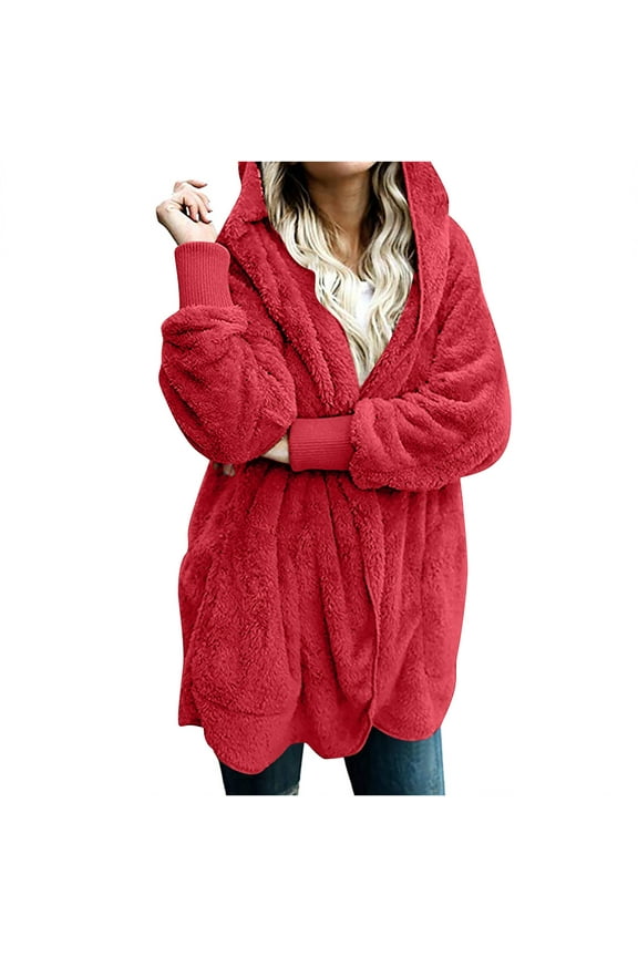Winter Coats for Women Sherpa Fleece Jacket Solid Color Casual Plush Cardigan Long Sleeve Pockets Blouse Tops Faux Fur Coat Outwear Red XXL